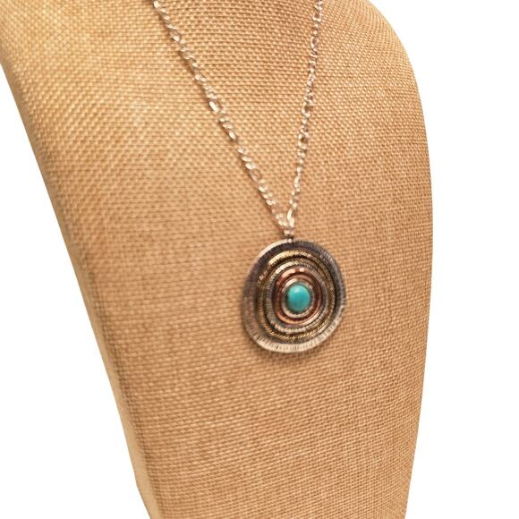 Boho Statement Pendant Necklace Turquoise Center 21" Silver Tone Chain Medallion - Picture 8 of 15